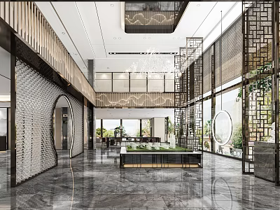 Modern Property Sales Office Spacious Interior With Wooden Grilles Marble Flooring And Large Windows 3d model