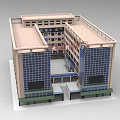 Modern Multi Storey Building Model With Glass Curtain Walls Brick Facade And Entrance