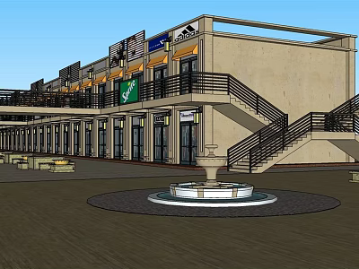 Modern Commercial Street Building With Multi Level Structure Staircase Storefronts And Central Fountain 3d model
