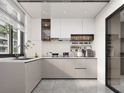 Modern Bright Minimalist Kitchen With Practical Storage Cabinets Abundant Natural Daylight And Necessary Cooking Appliances 3d model
