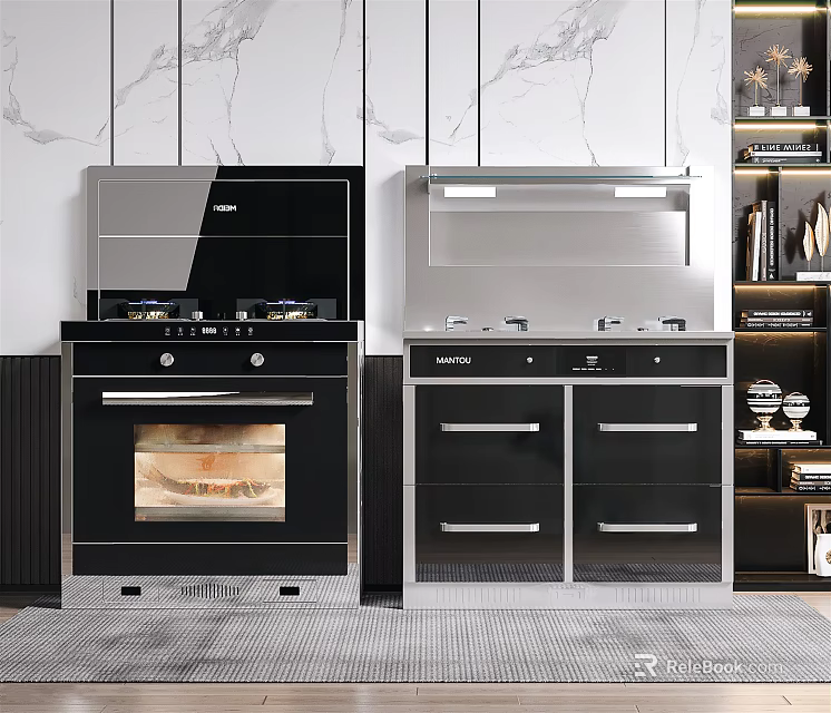 Modern Kitchen Interior With Built in Appliances Oven Stove And Storage Cabinets 3d model 