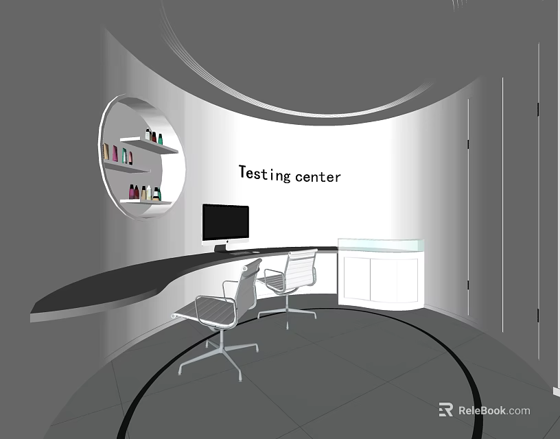 Testing Center Interior With Curved Workbench Computer Chairs Cabinet And Circular Shelf 3d model 
