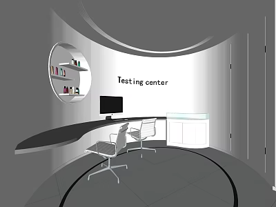 Testing Center Interior With Curved Workbench Computer Chairs Cabinet And Circular Shelf 3d model