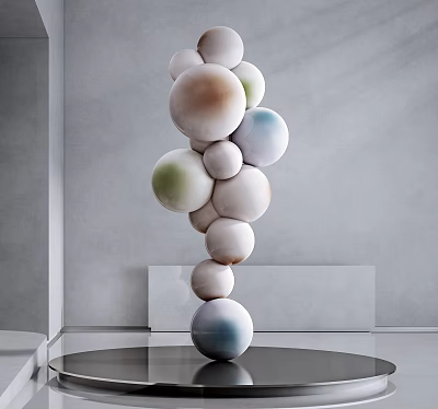 Modern Sculpture With Stacked Multiple Various Colored Spheres In Gray Wall Interior 3d model