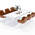 Dining Table Set With White Tabletop Six Brown Chairs And Decorative Items 3d model