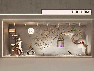 Stylish CHILLCHAN Window Display With Decorative Branches Birdcage Mannequin Circular Wall Decor And Lighting 3d model
