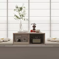 Cozy Minimalist Bay Window Cabinet With Pillows Towels Plant And Side Table