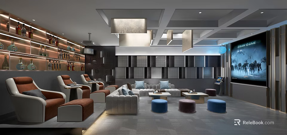 Modern Home Theater Room With Comfortable Leather Sofas Recliners Coffee Tables And Paneled Backdrop Wall 3d model 