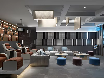 Modern Home Theater Room With Comfortable Leather Sofas Recliners Coffee Tables And Paneled Backdrop Wall 3d model