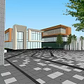 Modern Commercial Landscape With White Architectural Structures Geometric Plaza Trees And Open Sky