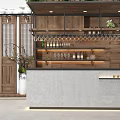 Modern Bar Counter With Wooden Shelves Hanging Wine Glasses Wine Bottles And Green Plants
