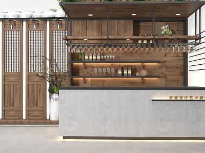 Modern Bar Counter With Wooden Shelves Hanging Wine Glasses Wine Bottles And Green Plants 3d model
