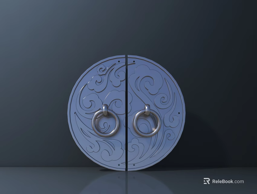 Classic Circular Door Panel With Double Ring Handles And Intricate Scroll Patterns 3d model 