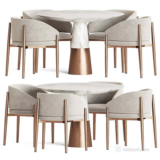 Modern Dining Table Set With Marble Top And Grey Upholstered Copper Leg Chairs 3d model 
