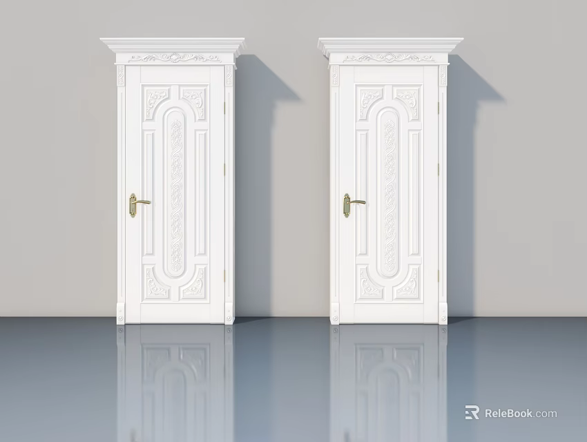 Two White Swing Doors With Golden Handles Carved Details On Smooth Floor Gray Wall 3d model 