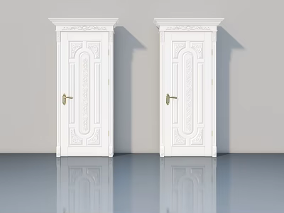 Two White Swing Doors With Golden Handles Carved Details On Smooth Floor Gray Wall 3d model