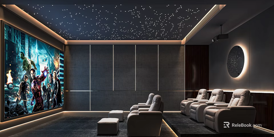 Modern Home Theater Interior Design With Starry Ceiling Large Screen And Comfortable Seats 3d model 