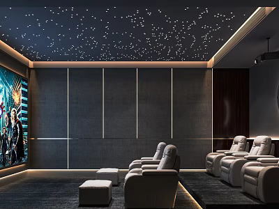 Modern Home Theater Interior Design With Starry Ceiling Large Screen And Comfortable Seats 3d model