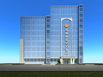 Modern High Rise Hotel Building With Glass Curtain Wall Entrance And Green Plants Blue Sky 3d model