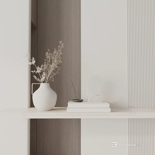 Minimalist White Vase With Dried Flowers On Wooden Shelf And Decorative Books 3d model 