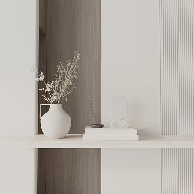 Minimalist White Vase With Dried Flowers On Wooden Shelf And Decorative Books 3d model