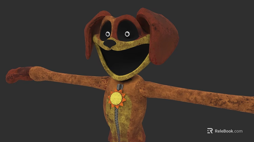 Adorable Brown Red Dog Doll With Big Ears Yellow Sun Badge And Open Arms 3d model 
