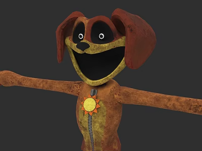Adorable Brown Red Dog Doll With Big Ears Yellow Sun Badge And Open Arms 3d model