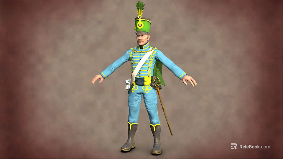 Military Character In Blue Uniform With Green Hat Feather White Stripes Green Cape And Long Staff 3d model 