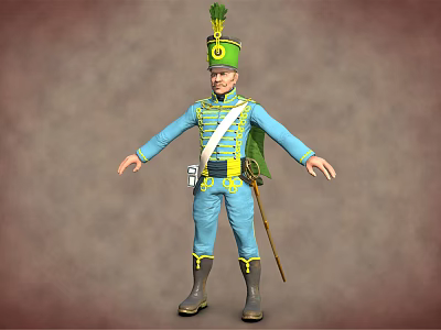 Military Character In Blue Uniform With Green Hat Feather White Stripes Green Cape And Long Staff 3d model