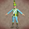 Military Character In Blue Uniform With Green Hat Feather White Stripes Green Cape And Long Staff