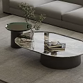 Oval Marble Pattern Coffee Table With Books White Cup And Glass Vase Near Gray Sofa