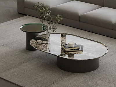Oval Marble Pattern Coffee Table With Books White Cup And Glass Vase Near Gray Sofa 3d model
