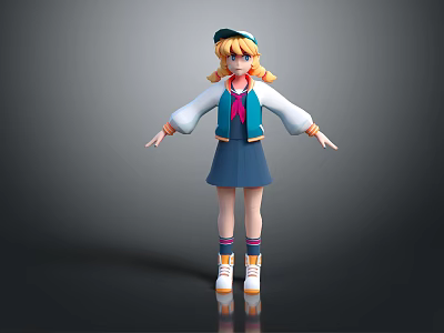 3D Animated Girl Character With Blonde Curly Hair Blue Cap Blue Skirt And Open Arms 3d model