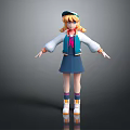 3D Animated Girl Character With Blonde Curly Hair Blue Cap Blue Skirt And Open Arms