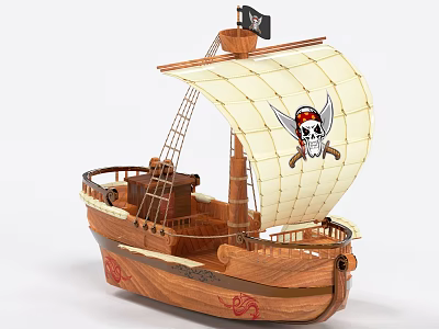 Wooden Pirate Ship Model With Skull And Crossbones Sail And Black Flag Design 3d model