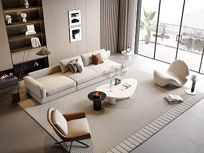 Modern Beige Sofa and White Coffee Table Set in Minimalist Living Room with Accent Chairs 3d model