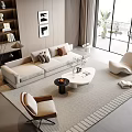 Modern Beige Sofa and White Coffee Table Set in Minimalist Living Room with Accent Chairs