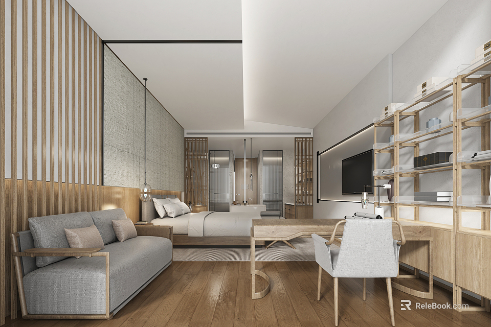 Modern Hotel Guest Room Interior Design With Sofa Bed Wooden Shelves TV And Minimalist Elements 3d model 