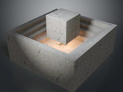 Modern Landscape With Stone Cube Structure And Stepped Border Illuminated Interior In Outdoor Garden 3d model