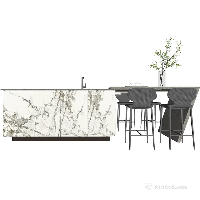 Modern Kitchen Interior With Marble Island Bar Stools And Potted Plant 3d model 