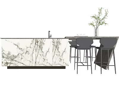 Modern Kitchen Interior With Marble Island Bar Stools And Potted Plant 3d model