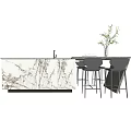 Modern Kitchen Interior With Marble Island Bar Stools And Potted Plant