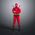 Game Movie Character In Red Costume With Mask Golden Chest Armor And Katanas On Back