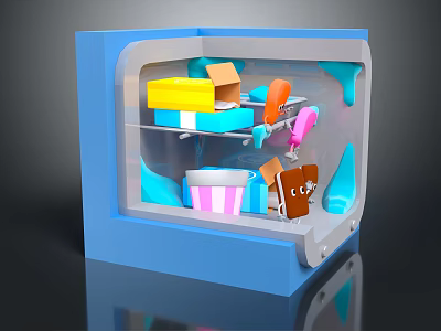 Cartoon Blue Refrigerator Interior Scene With Colorful Blocks Carrot Ice Cream Striped Cup And Cookie 3d model