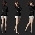 Woman In Black Coat And White Skirt With Black High Heels From Multiple Angles