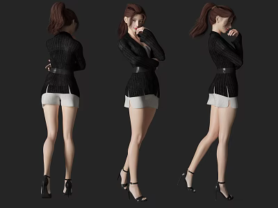 Woman In Black Coat And White Skirt With Black High Heels From Multiple Angles 3d model