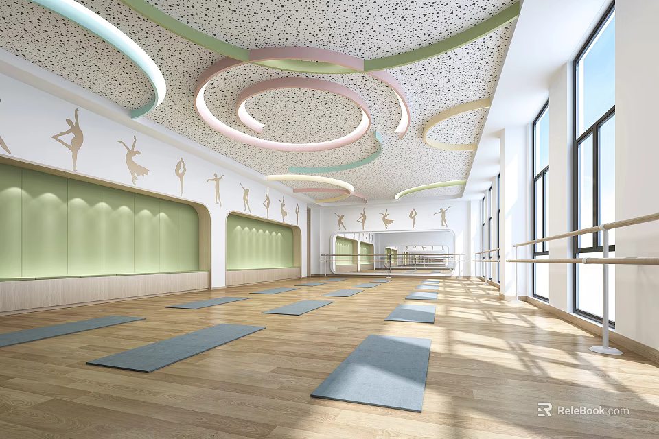Bright Yoga Fitness Studio With Wooden Floors Green Walls Dancer Silhouettes And Colorful Circular Ceiling 3d model 