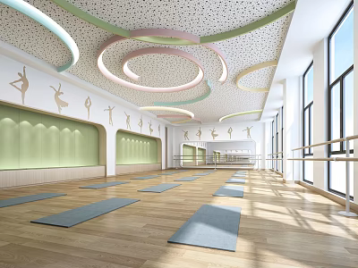 Bright Yoga Fitness Studio With Wooden Floors Green Walls Dancer Silhouettes And Colorful Circular Ceiling 3d model