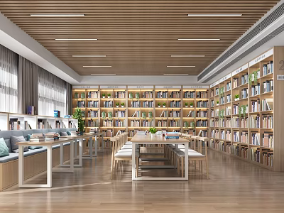 Book Art Inspired Modern Library Interior With Wooden Shelves And Books 3d model