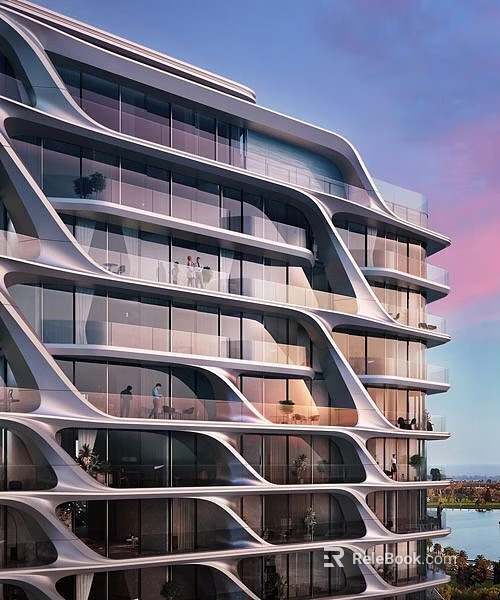 Modern Curved High Rise Apartment Building With Glass Facade Balconies And Ocean View Sunset Sky 3d model 
